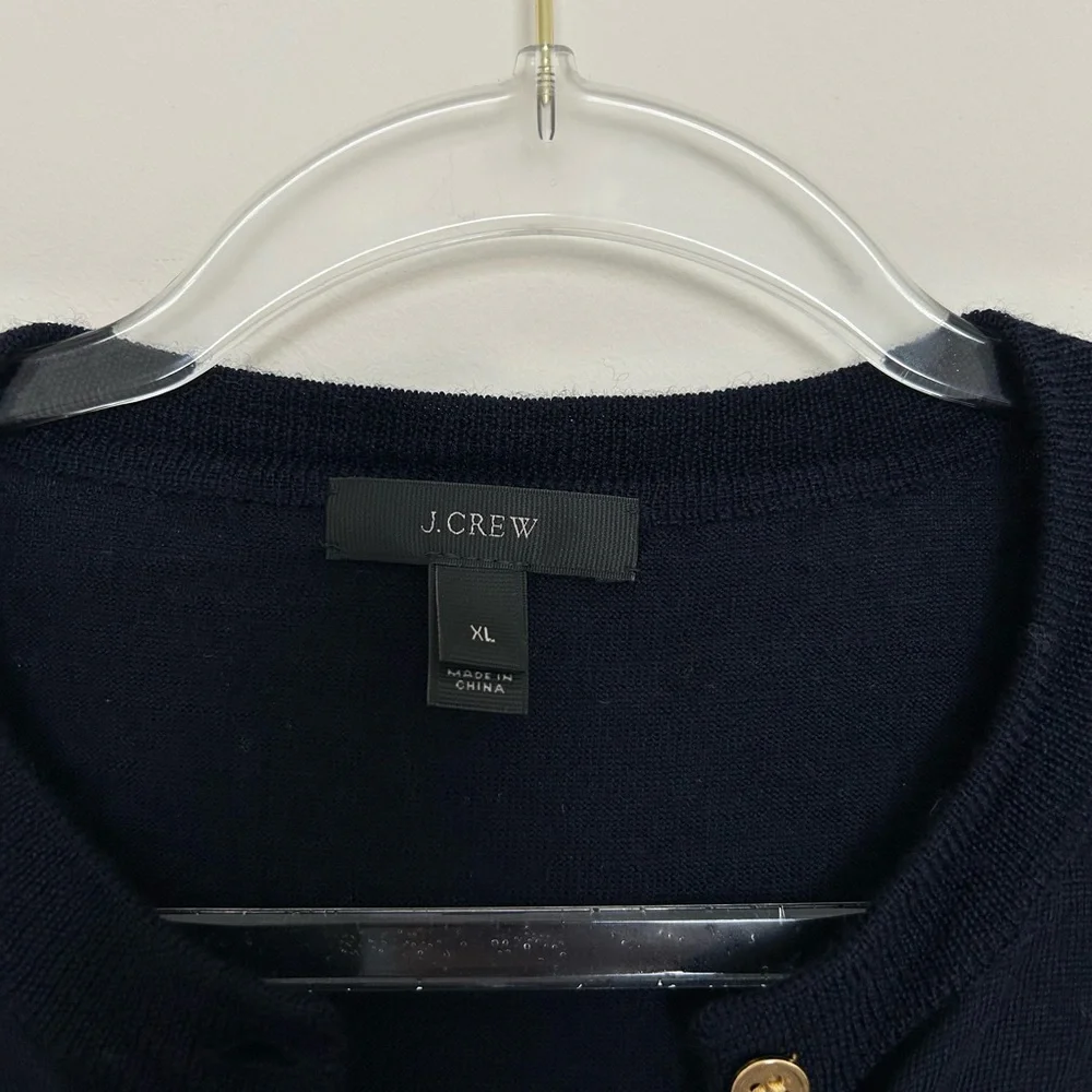 J. Crew Merino Wool Navy Crew Neck Cardigan with Gold Buttons Size XL